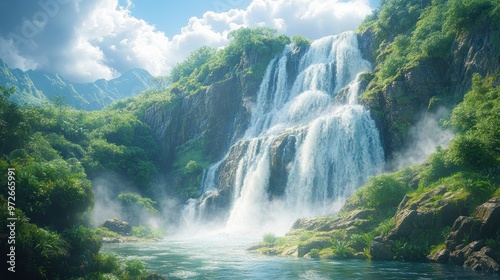 A serene waterfall cascading into a lush green landscape.