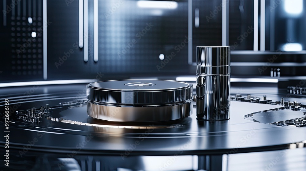 A futuristic scene with a round motherboard and a smooth, metallic cylindrical face cream jar, combining high-tech design with luxury skincare. A futuristic scene with a round motherboard and a smooth, metallic cylindrical face cream jar, combining high-tech design with luxury skincare.