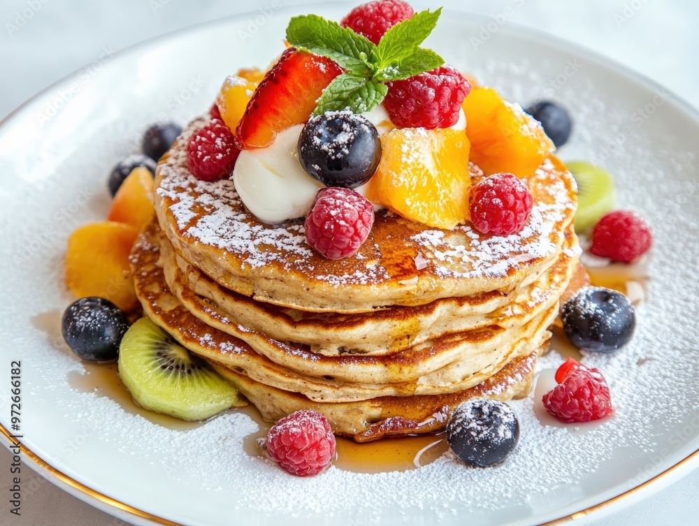Stack of Whole Grain Pancakes with Fresh Fruit, Yogurt, and Powdered Sugar Stack of Whole Grain Pancakes with Fresh Fruit, Yogurt, and Powdered Sugar