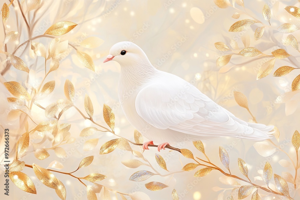 A peaceful white dove perched on a delicate branch adorned with gold leaves, set against a soft, glowing background A peaceful white dove perched on a delicate branch adorned with gold leaves, set against a soft, glowing background
