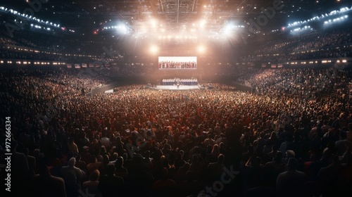 Aerial view of a large American election rally in a stadium crowds gathered to hear a speech