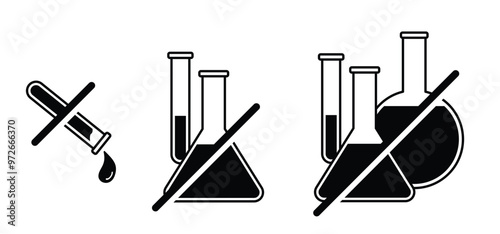 Chemistry, Chemical free, formula or laboratory sign. No, Stop chemistry, forbidden signal with a chemical test, flask tube. No added preservatives, artificial free food. Do not experiment with fluids