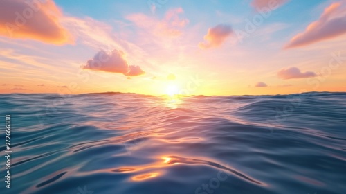 A view of the ocean at sunset with clouds in the sky, AI