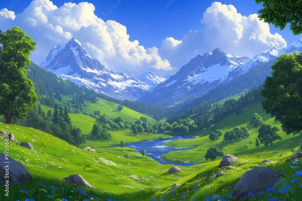 Obraz premium A Serene Painting Showing A Winding River Flowing Through Majestic Mountains Under A Clear Blue Sky.