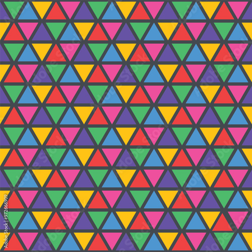 seamless pattern of colorful triangular geometric shapes, simple and neat coloring with a dark background