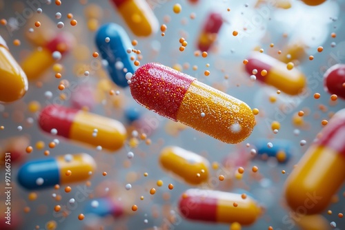 Many colorful pills falling on light background. Health care and medical concept