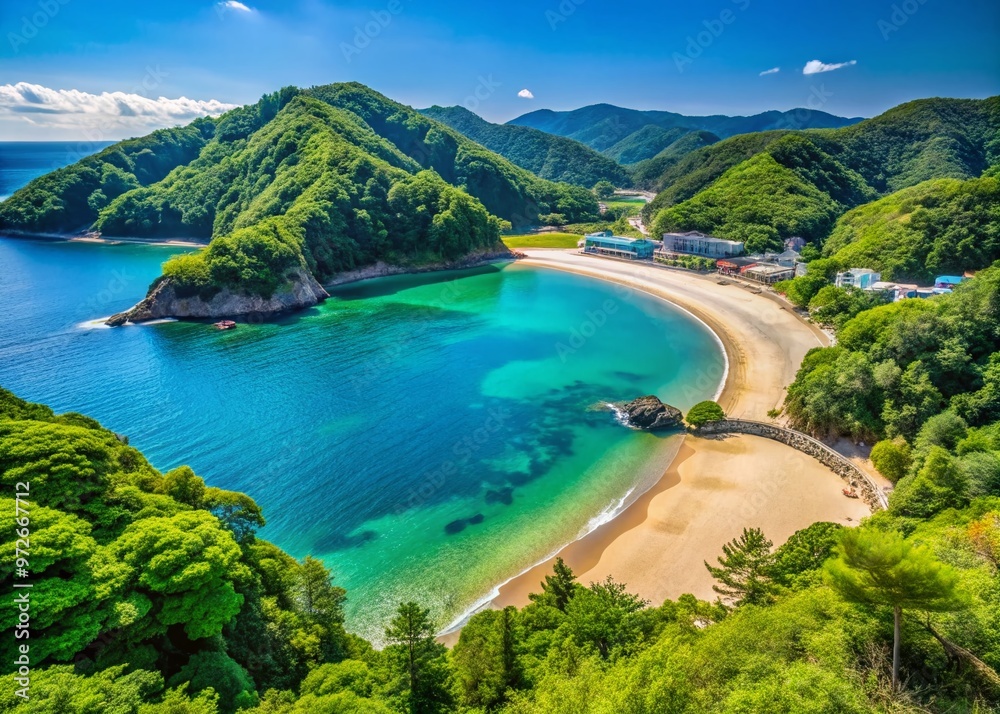 Sandy beach and calm turquoise waters of Shimoda, a charming coastal town in Shizuoka Prefecture, Japan, surrounded by Sandy beach and calm turquoise waters of Shimoda, a charming coastal town in Shizuoka Prefecture, Japan, surrounded by