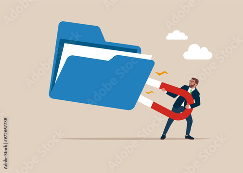Businessman using magnet to magnetize files folder. Flat vector illustration