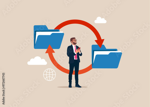 Businessman with smartphone. Organize files folder, improvement and adaptation to new normal concept. Flat vector illustration
