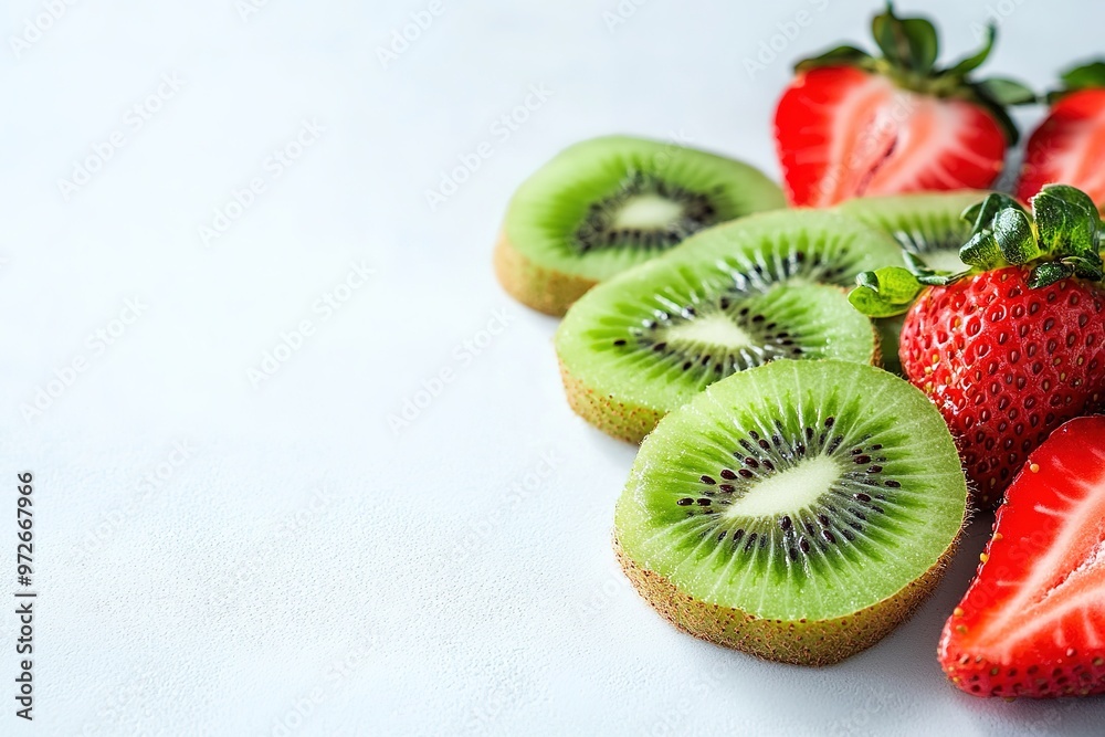 Sliced kiwi and strawberries on white surface Sliced kiwi and strawberries on white surface