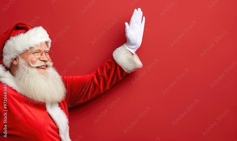 Naklejka premium Santa Claus Giving a High Five - Front View on Red Background with Copy Space