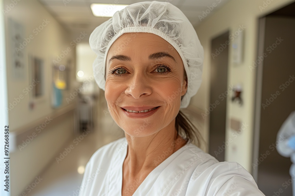 Nurse takes a cheerful selfie in a hospital corridor while on a shift in healthcare Nurse takes a cheerful selfie in a hospital corridor while on a shift in healthcare