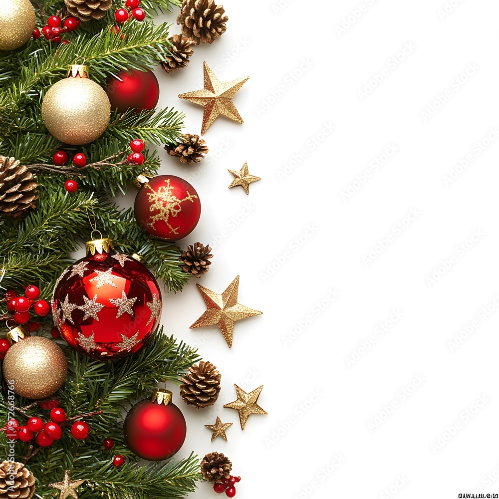 Christmas background with red and gold decorations, stars, and ornaments on a white background Christmas background with red and gold decorations, stars, and ornaments on a white background