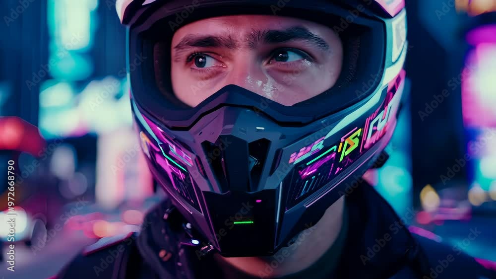 close-up of a motorcyclist in cyberpunk style. Generative Ai close-up of a motorcyclist in cyberpunk style. Generative Ai