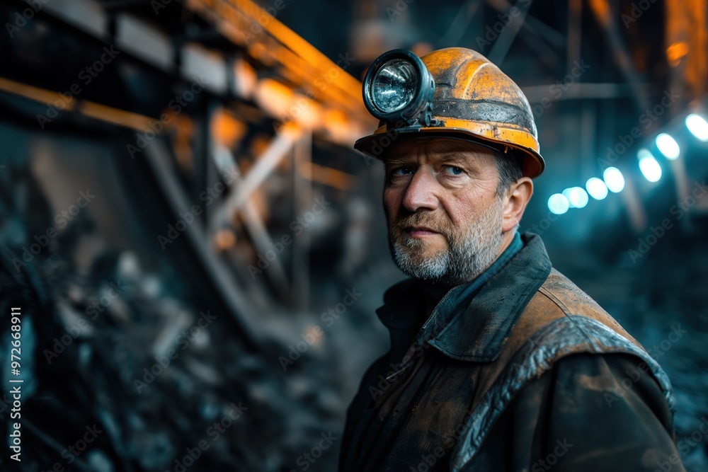 A miner operates in a cold, dim environment, illuminated by bright lights while engaged in his work. A miner operates in a cold, dim environment, illuminated by bright lights while engaged in his work.