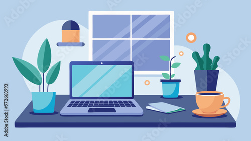 Organized desk with laptop, books and plants, ideal for remote work