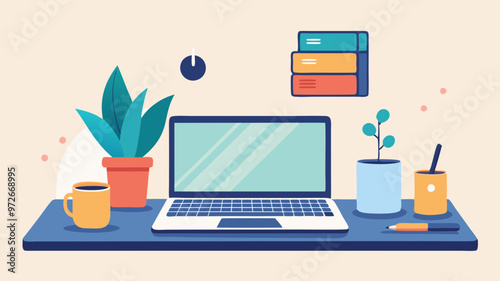 A cozy workplace with a laptop, books and plants, creating an atmosphere of productivity and comfort