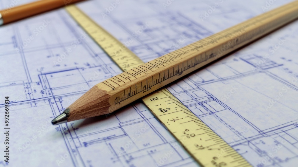 A ruler and a drafting pencil lying on top of architectural plans, representing attention to detail in construction