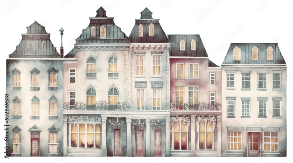 Obraz premium PNG Christmas nordic townhouse city architecture building.
