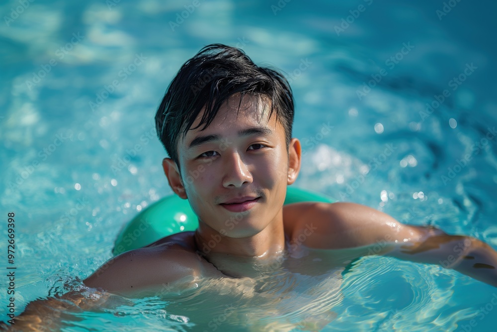 Happy young Asian man enjoying a summer day in a clear pool while floating on a green rubber device Happy young Asian man enjoying a summer day in a clear pool while floating on a green rubber device
