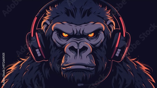 Angry ape gorilla mascot gaming logo design black color headphone photo