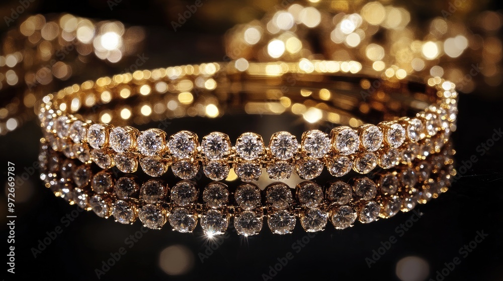 An upscale jewelry set with diamonds and gold rests on a reflective surface, with spotlights creating gleaming reflections that enhance the luxury feel. An upscale jewelry set with diamonds and gold rests on a reflective surface, with spotlights creating gleaming reflections that enhance the luxury feel.