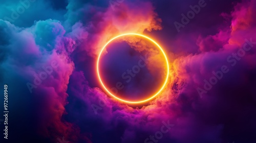 A vibrant neon glowing circle floating in the middle of a cloud of colorful mist.