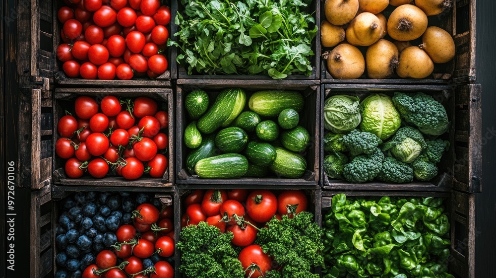 Close-up of a fresh produce box, filled with colorful vegetables and fruits, with eco-friendly packaging materials. Close-up of a fresh produce box, filled with colorful vegetables and fruits, with eco-friendly packaging materials.