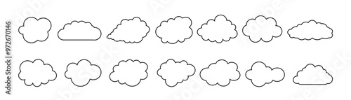 Set of cloud icons in outline style.
Cloud template. 
Cloud shape lines. Vector.