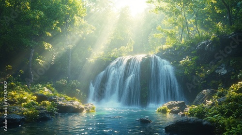 Serene waterfall surrounded by lush greenery and soft sunlight.