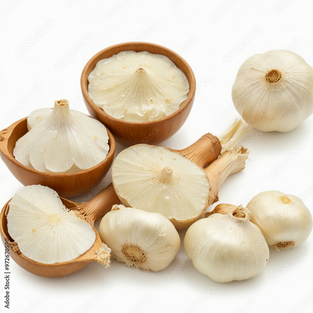 Garlic Paste with raw garlic, isolated on white background Garlic Paste with raw garlic, isolated on white background