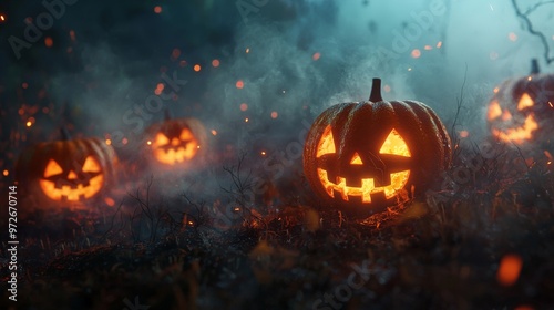 A Halloween scene with orange jack-o'-lanterns glowing eerily in the night, surrounded by swirling fog photo