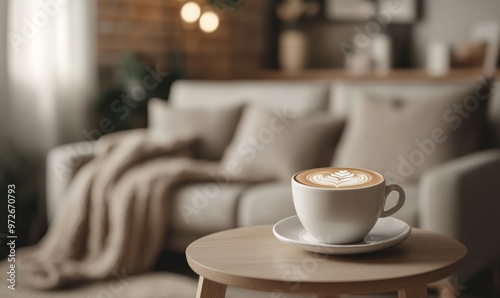 Wallpaper Mural Cappuccino on a wooden table in a cozy living room with soft focus and natural lighting Torontodigital.ca