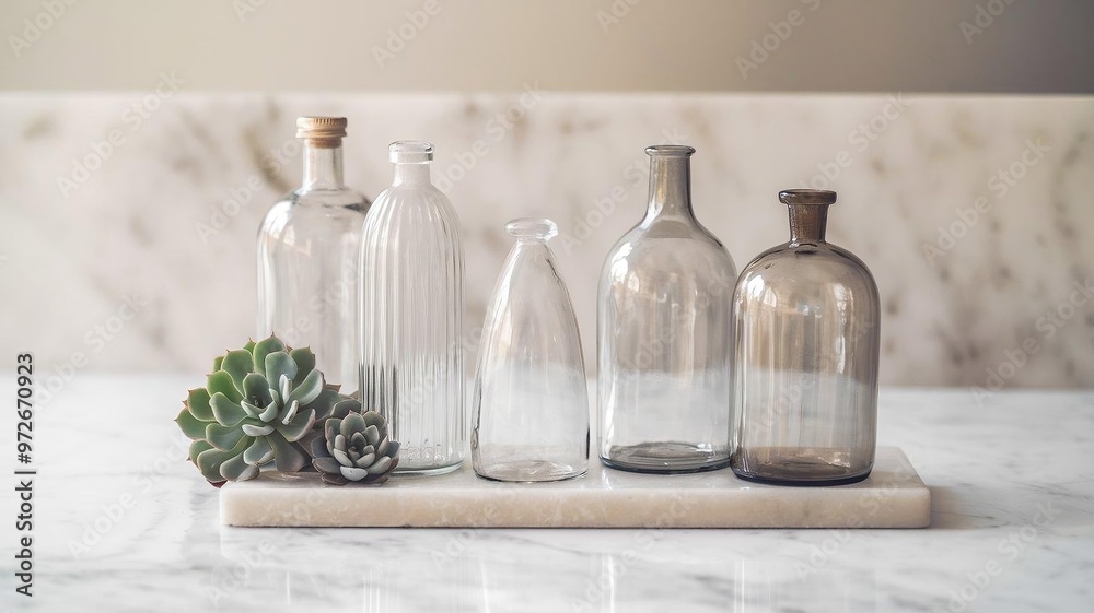 Minimalist modern aesthetic glass bottles spa décor Minimalist modern aesthetic glass bottles spa décor