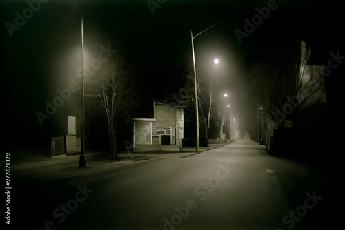 night in the city, night in a spooky city, street lamps illuminate the streets at night