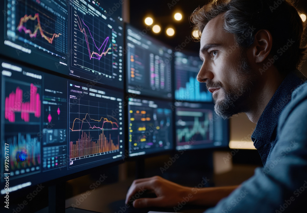 A business professional using advanced data visualization software to direct the presentation of complex financial and marketing analytics on digital screens, with graphs A business professional using advanced data visualization software to direct the presentation of complex financial and marketing analytics on digital screens, with graphs