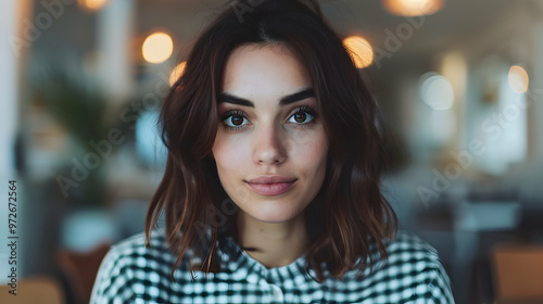 Young Woman Wear Shirt Hold Bank Payment Terminal
