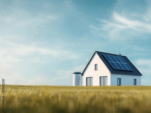 Wallpaper Mural Smart house with solar panels, energy storage devices in the backyard, 3D illustration Torontodigital.ca