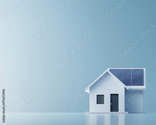 Solar-powered smart home, minimalist design, tech dashboard displaying energy savings, 3D illustration