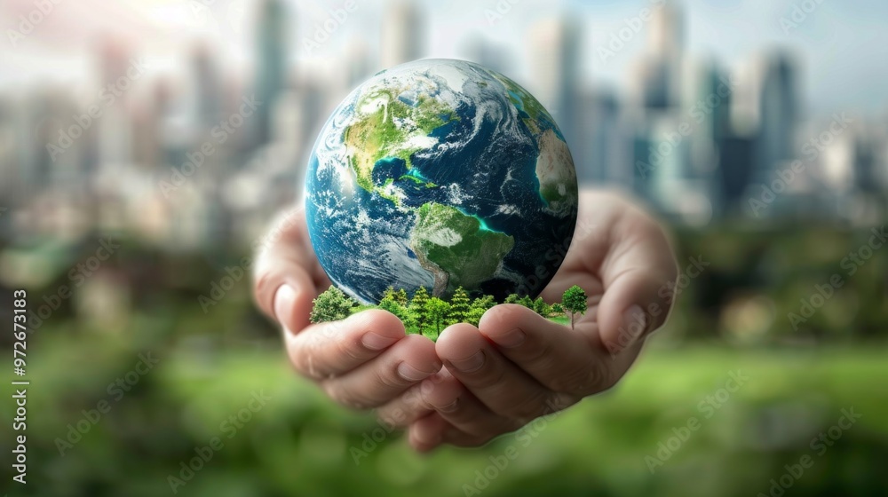 A hand holding a globe with trees on it