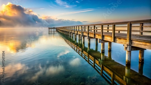 Serene morning scene of a weathered wooden fishing pier stretching into the calm ocean waters, with misty fog