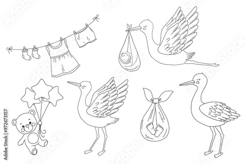 Line stork carries newborn baby, cute bear with balloons. Vector outline sketches set for coloring book. Hand drawn illustration