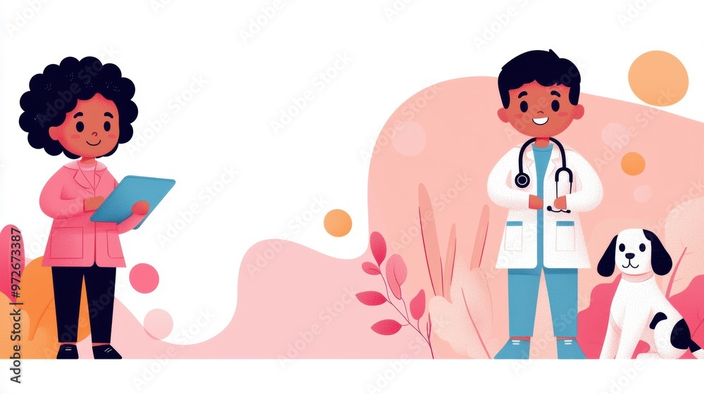 Child-friendly veterinary clinic, kids playing with therapy dogs, vibrant and cheerful, flat design illustration Child-friendly veterinary clinic, kids playing with therapy dogs, vibrant and cheerful, flat design illustration
