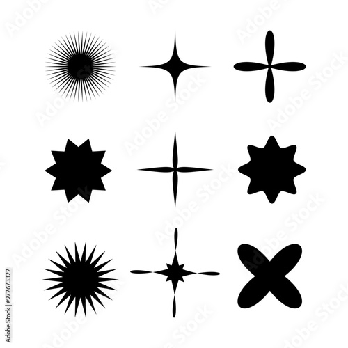  Set of brutalist UX geometric shapes, modern stars elements trendy simple vector. Flat web design. Vector icons for social networks or poster
