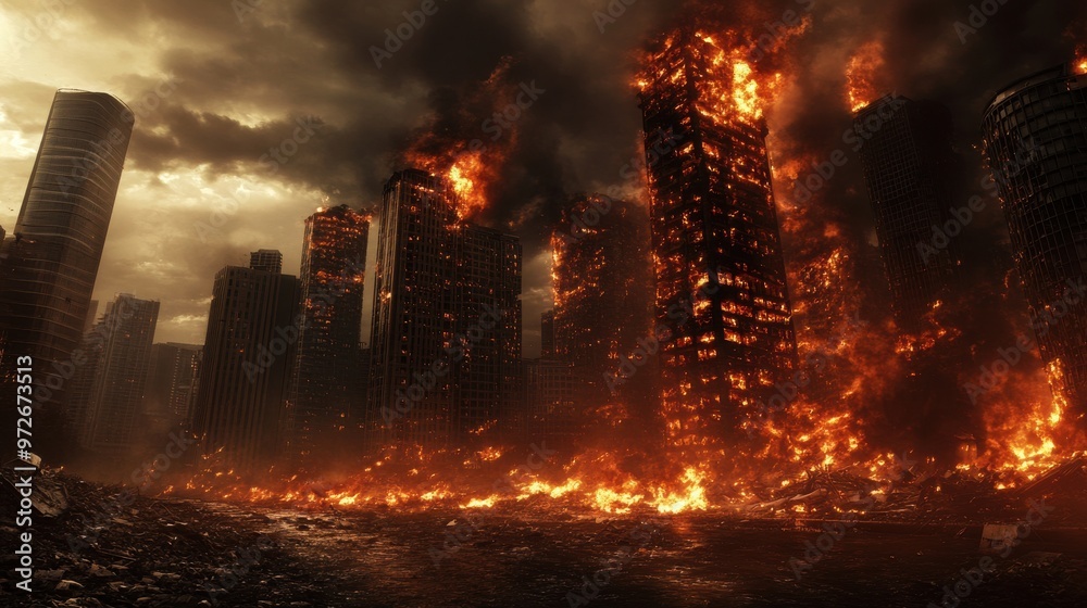 Obraz premium Post-apocalyptic cityscape engulfed in flames with crumbling skyscrapers