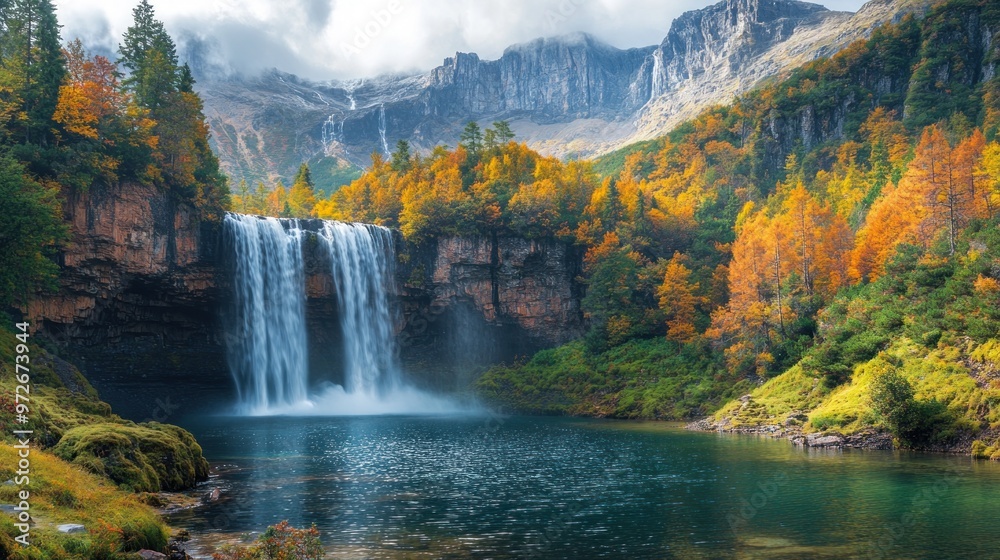 Fototapeta premium A serene waterfall surrounded by autumn foliage and mountains.