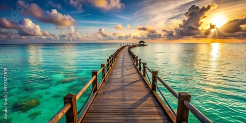 Serene overwater walkway stretches into calm turquoise ocean, wooden railings weathered to perfection, warm golden photo