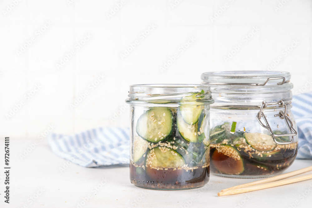 Trendy viral Asian cucumber salad, soy sauce marinated pickled cucumber salad with sesame oil and spices Trendy viral Asian cucumber salad, soy sauce marinated pickled cucumber salad with sesame oil and spices