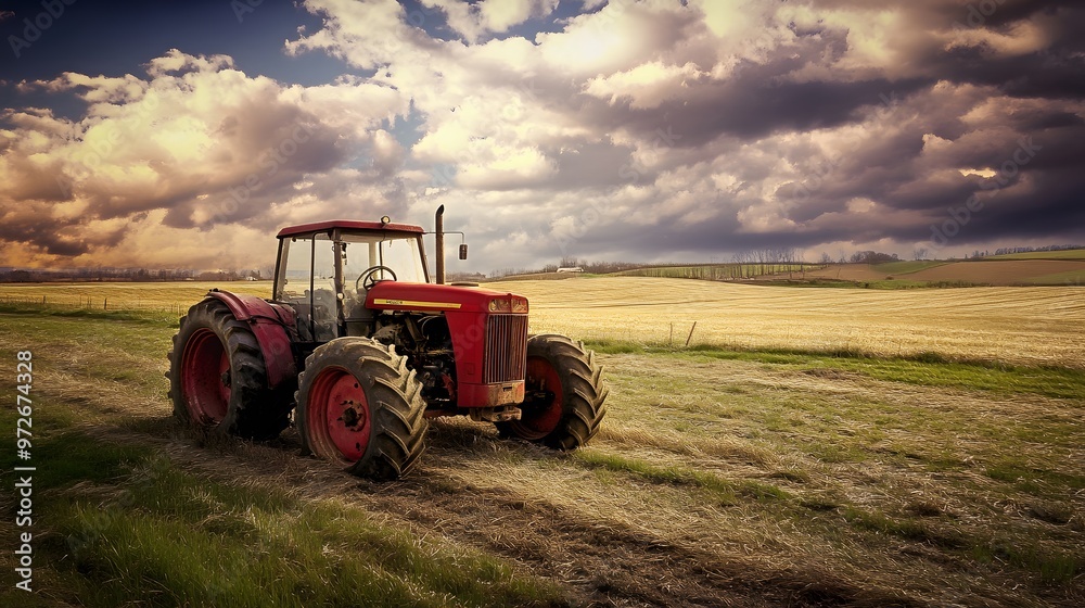 Fototapeta premium A red tractor sits in a field with a dramatic cloudy sky overhead.