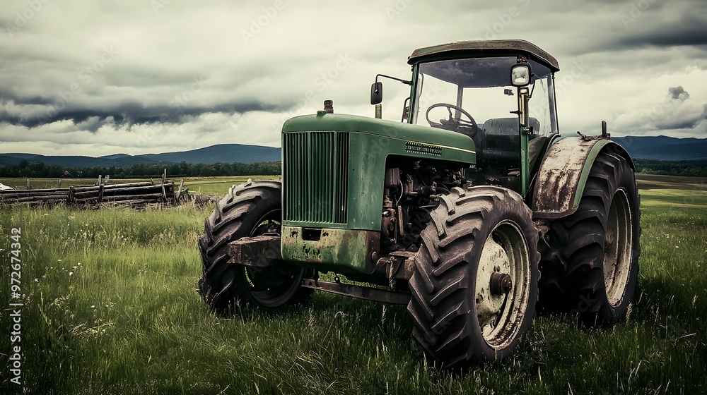 Green tractor in a field with storm clouds. Green tractor in a field with storm clouds.